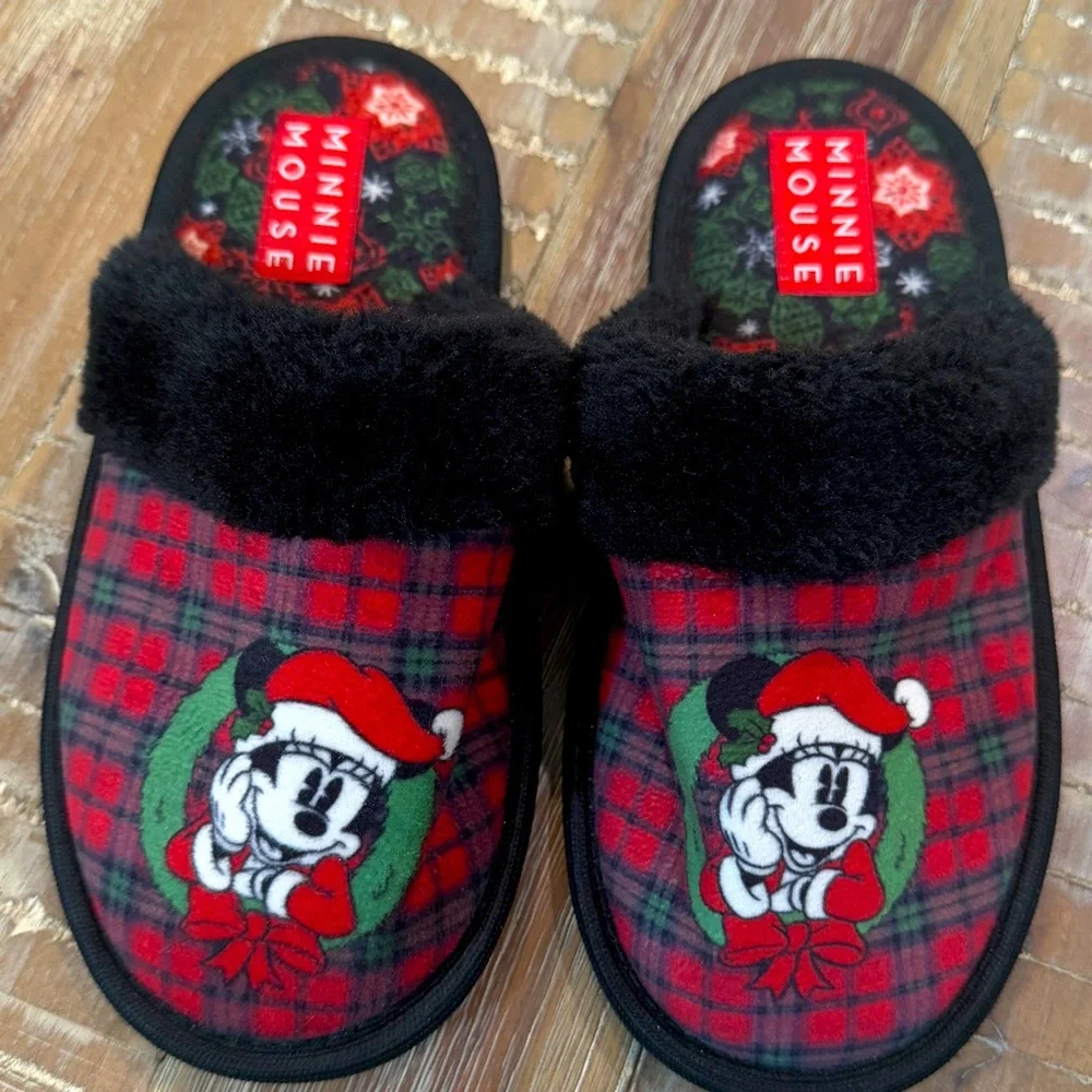 NWOT Disney Minnie Mouse Christmas Holiday Slippers Shoes slip on
